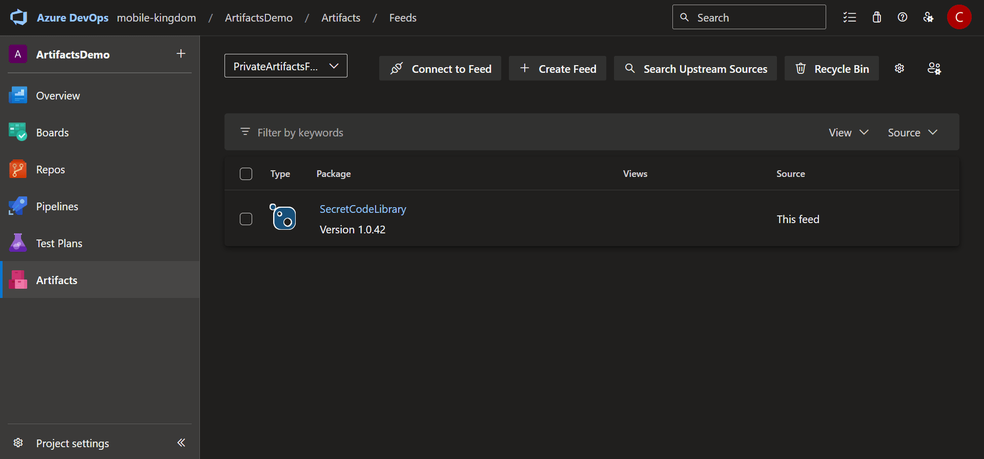 azure devops portal with a private nuget package