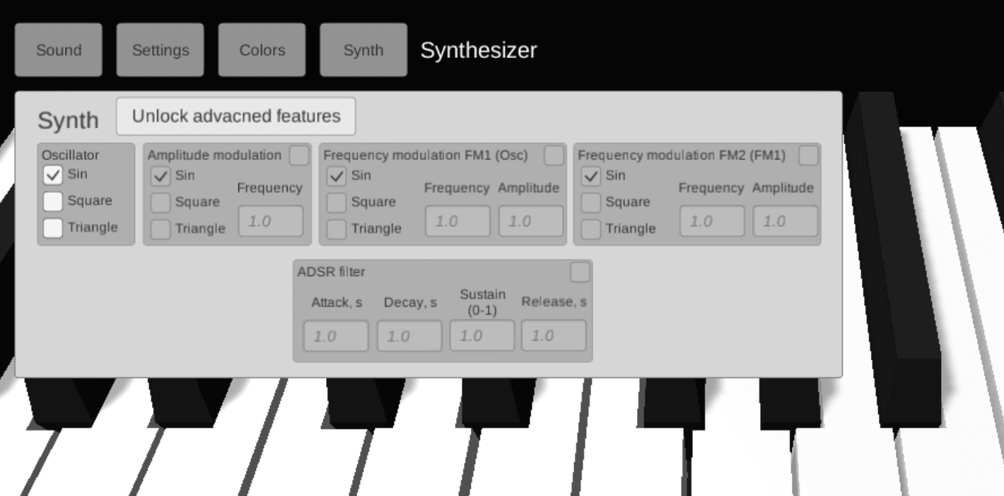 old synth settings tab of piano 3d