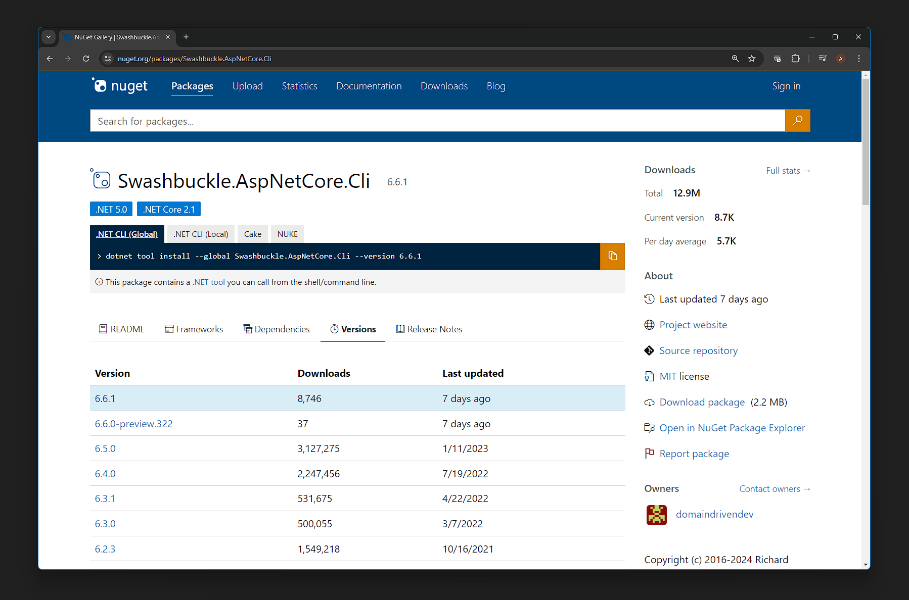 swashbuckle nuget portal page with 6.6.1 release
