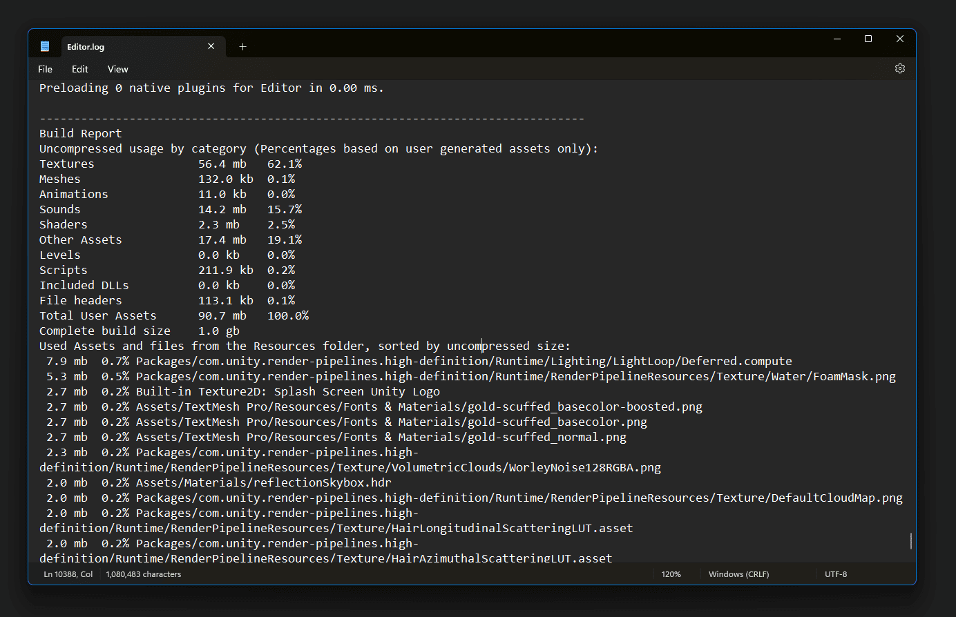 unity 3d build report with size numbers