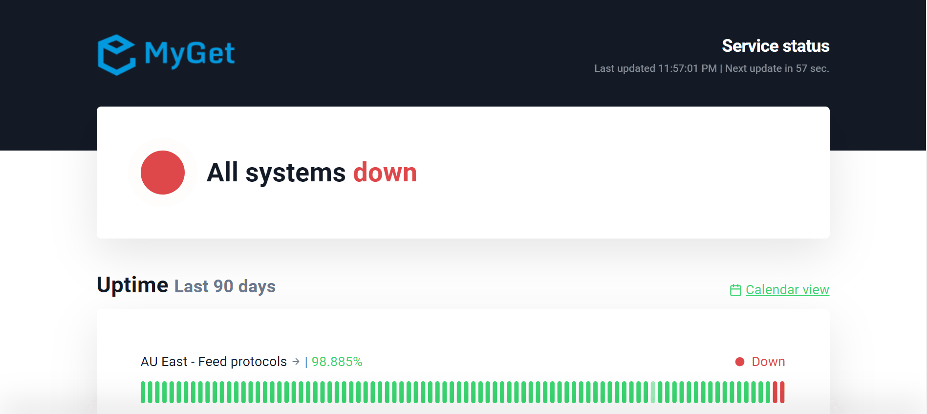 screenshot of myget status page showing all systems are down