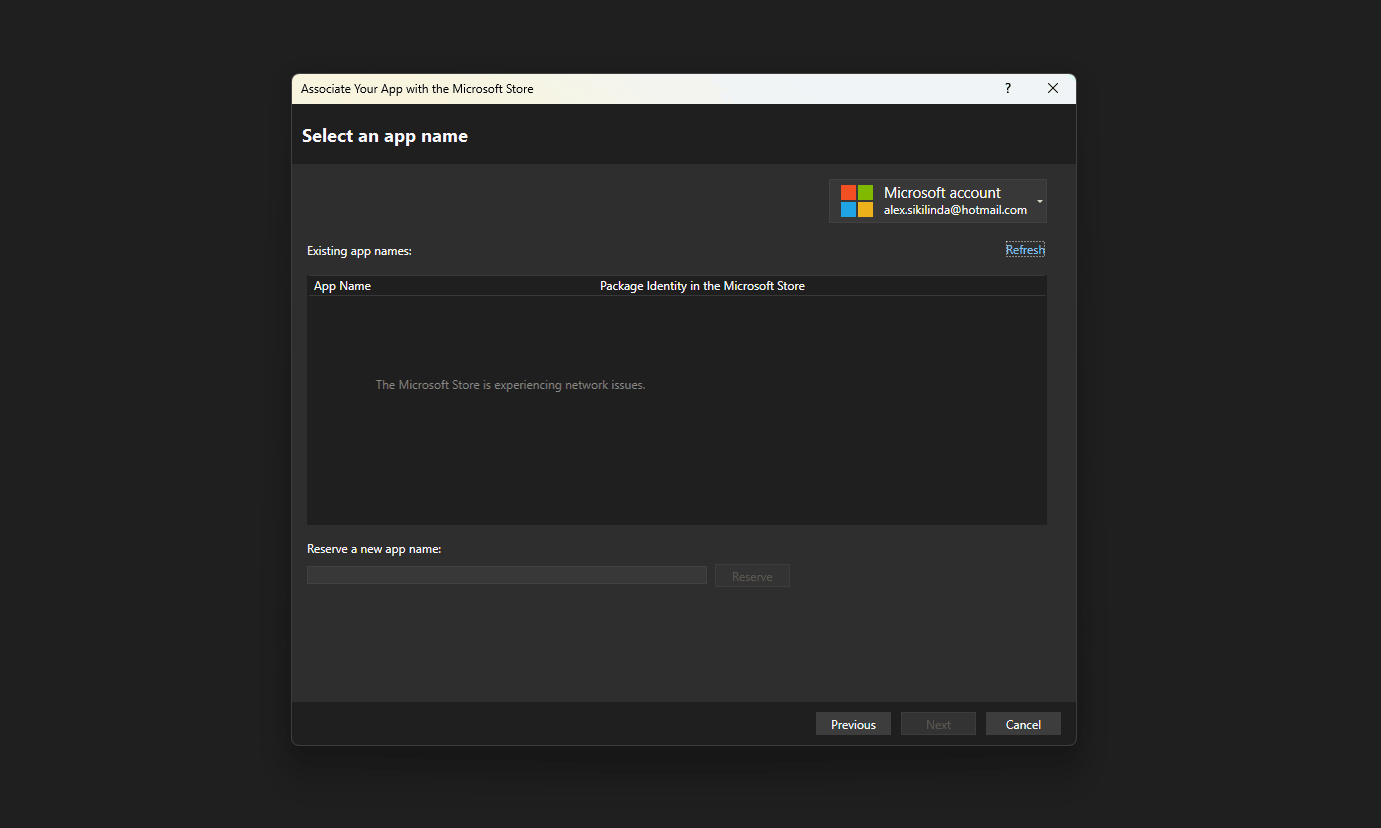 A Visual Studio 2022 modal window saying the microsoft store is experiencing network issues while trying to associate an app with microsoft store app