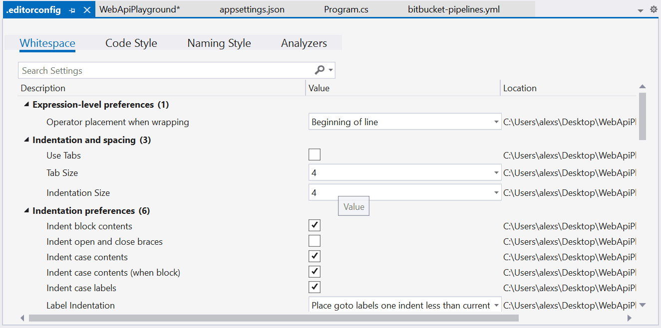 Visual Studio .editorconfig editor