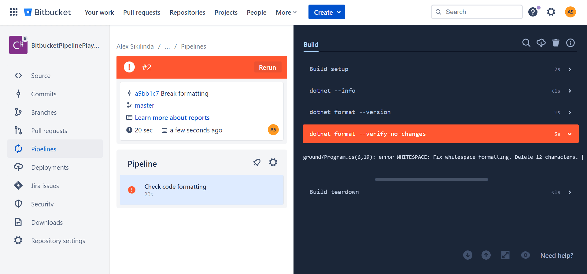 Bitbucket pipeline failed with 'error WHITESPACE: Fix whitespace formatting. Delete 12 characters.' error from dotnet format