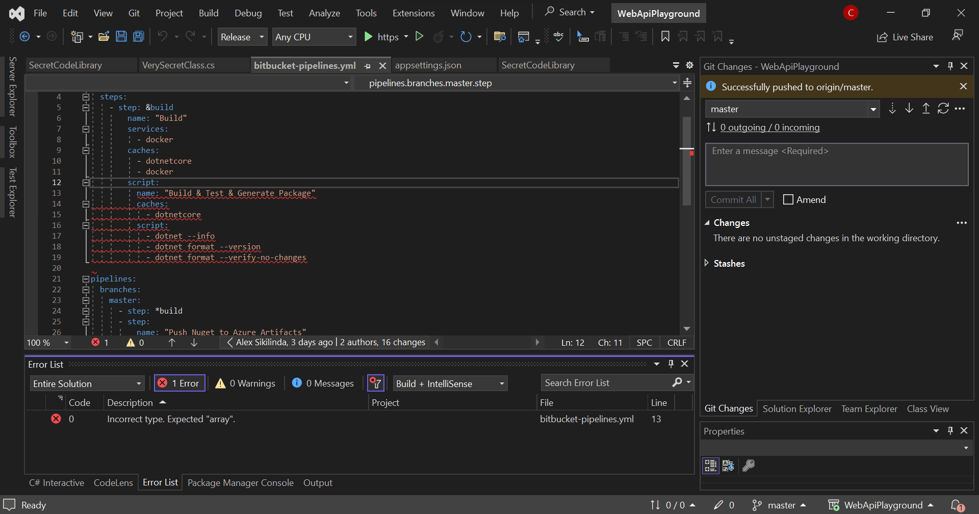 Visual Studio 2022 displaying a semantic error in bitbucket-pipelines.yml document