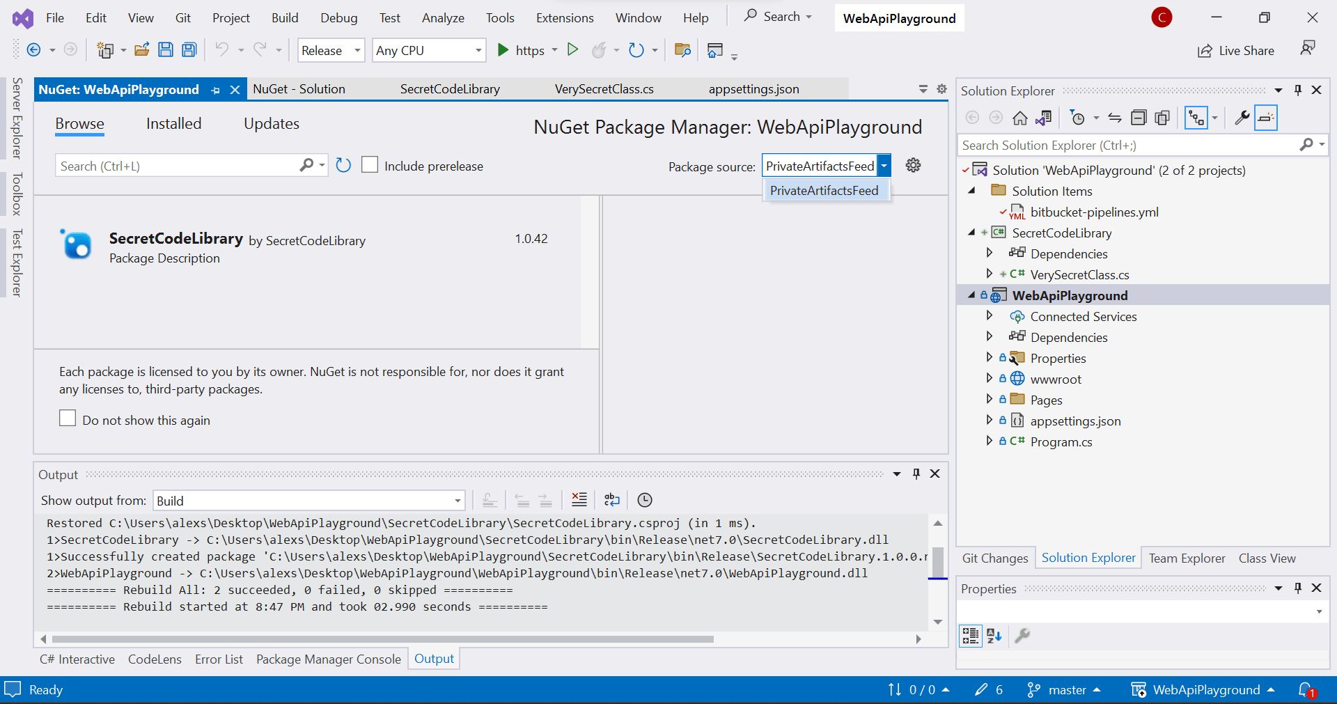 Visual Studio displaying a nuget package from Azure Artifiacts private feed