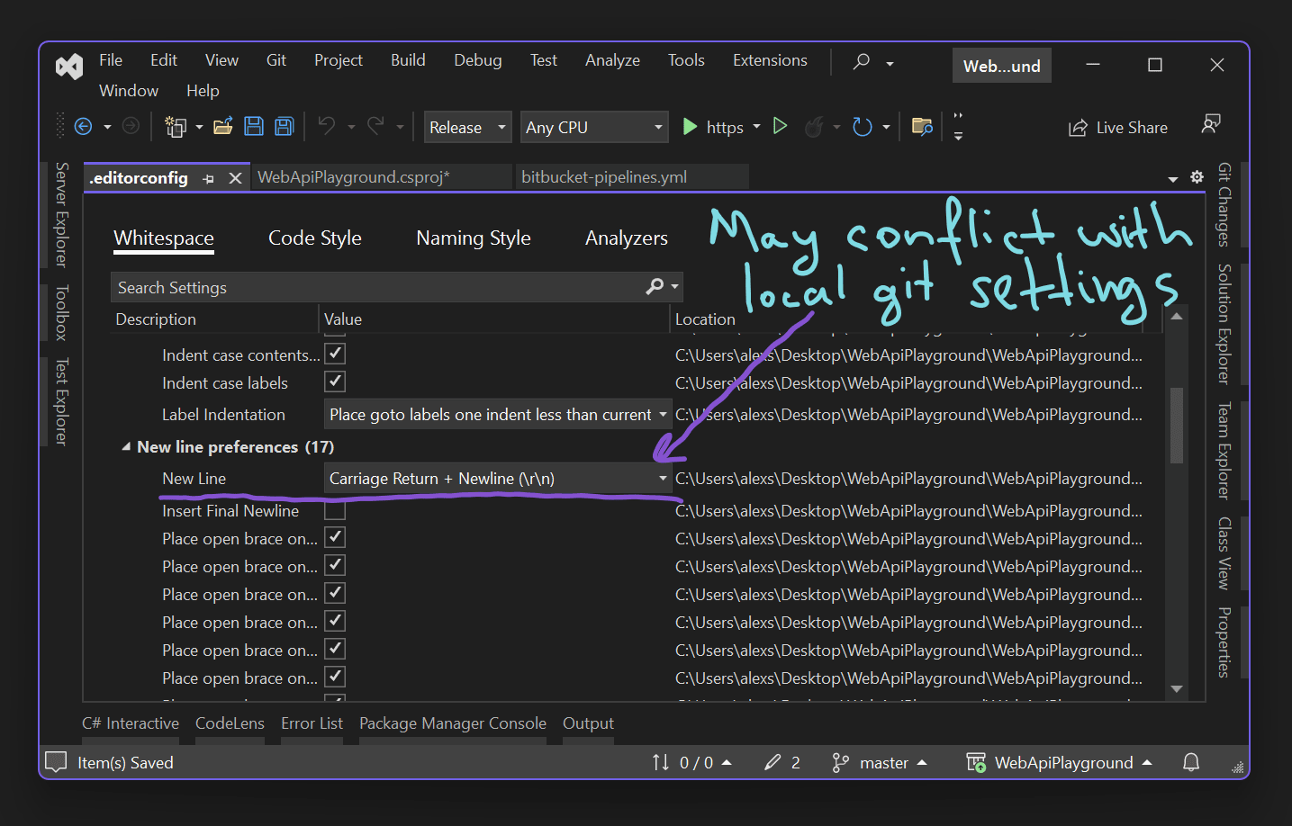 Visual Studio editorconfig editor with whitespace rules